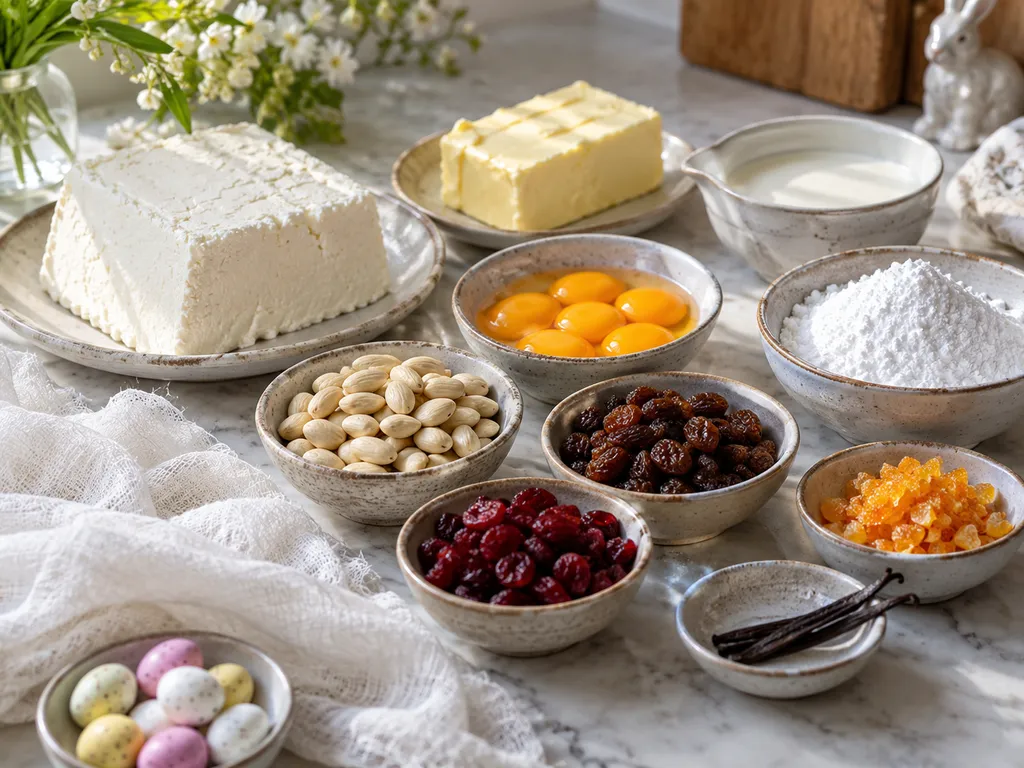 Składniki na paschę wielkanocną z twarogiem, bakaliami i wanilią