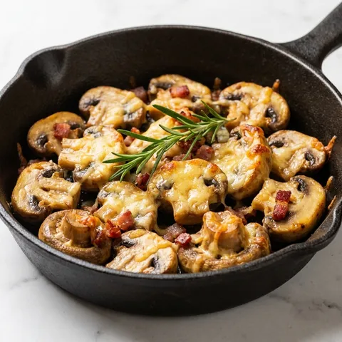 Sauteed mushrooms with crispy bacon, melted cheese and rosemary in a cast iron skillet