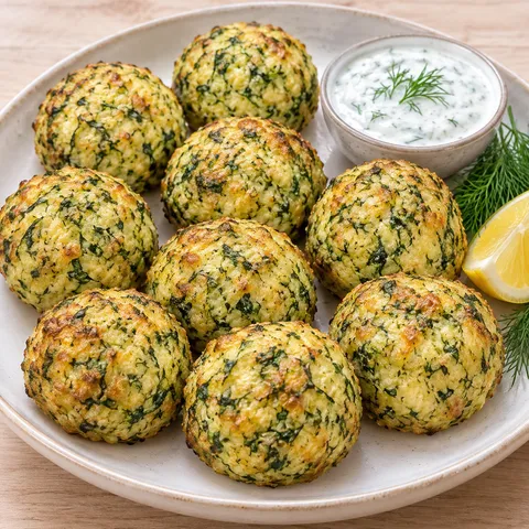 Pieczone kotlety z cukinii z serkiem wiejskim i sosem jogurtowym