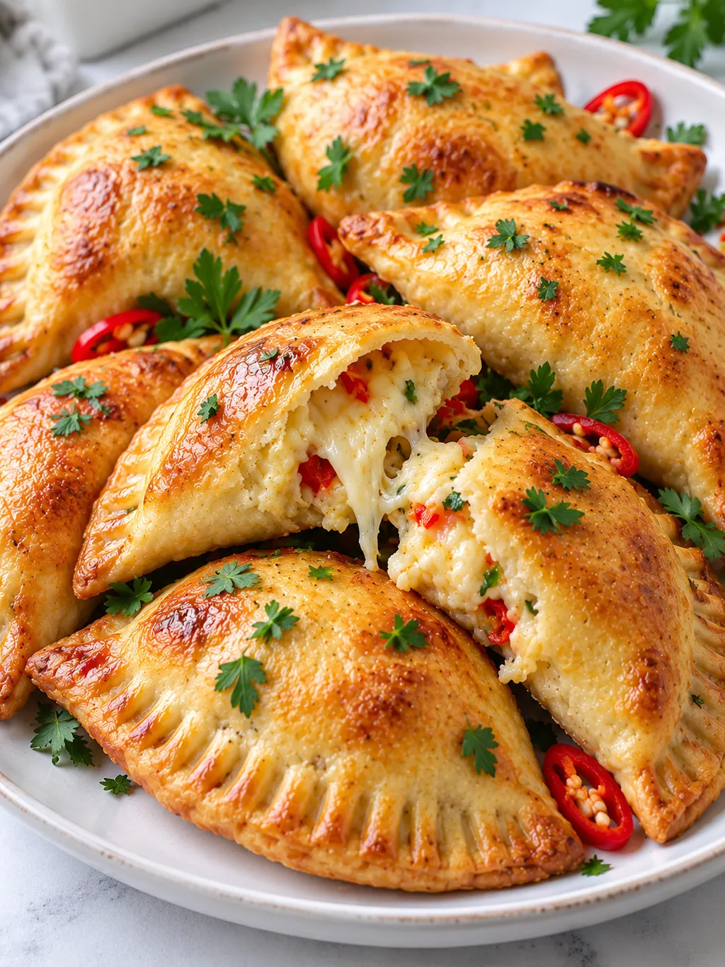 Pieczone pierogi z serem i chili z roztopionym farszem