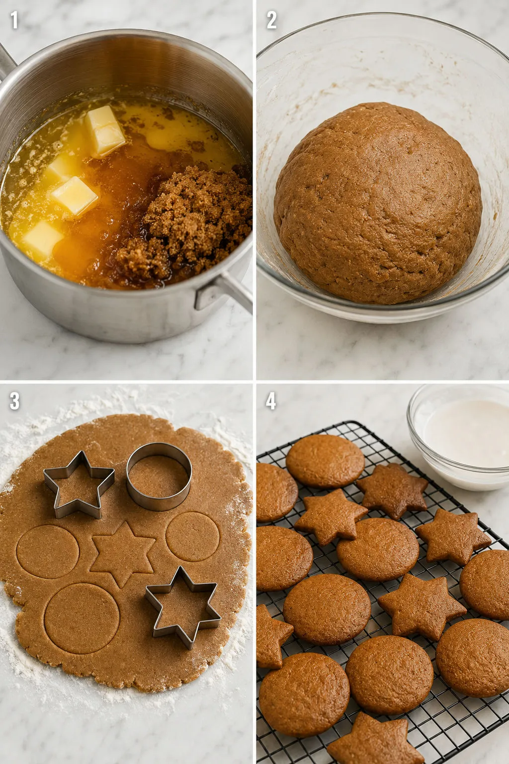 Four steps of making honey gingerbread pierniczki from dough to baked cookies