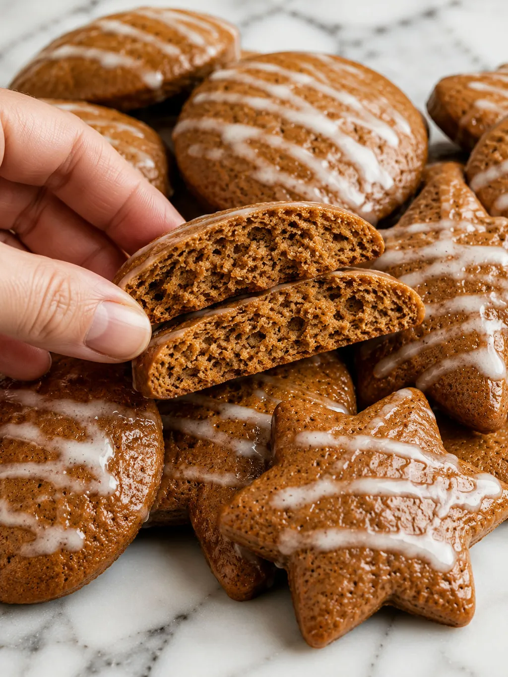Soft honey gingerbread pierniczki cookie broken in half showing a moist spiced crumb