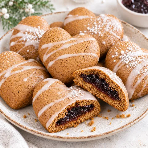 Pierniczki nadziewane powidłami na talerzu z lekkim lukrem