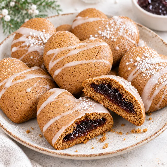 Pierniczki nadziewane powidłami na talerzu z lekkim lukrem
