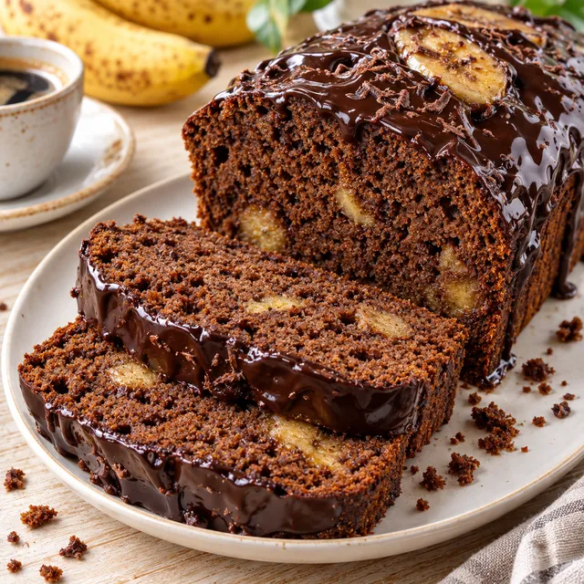 Piernik z bananami z czekoladową polewą na jasnym talerzu