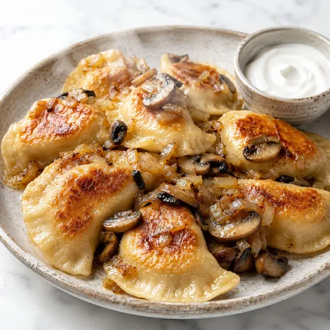 Golden pan-fried pierogi with sauerkraut and mushroom filling topped with fried onion