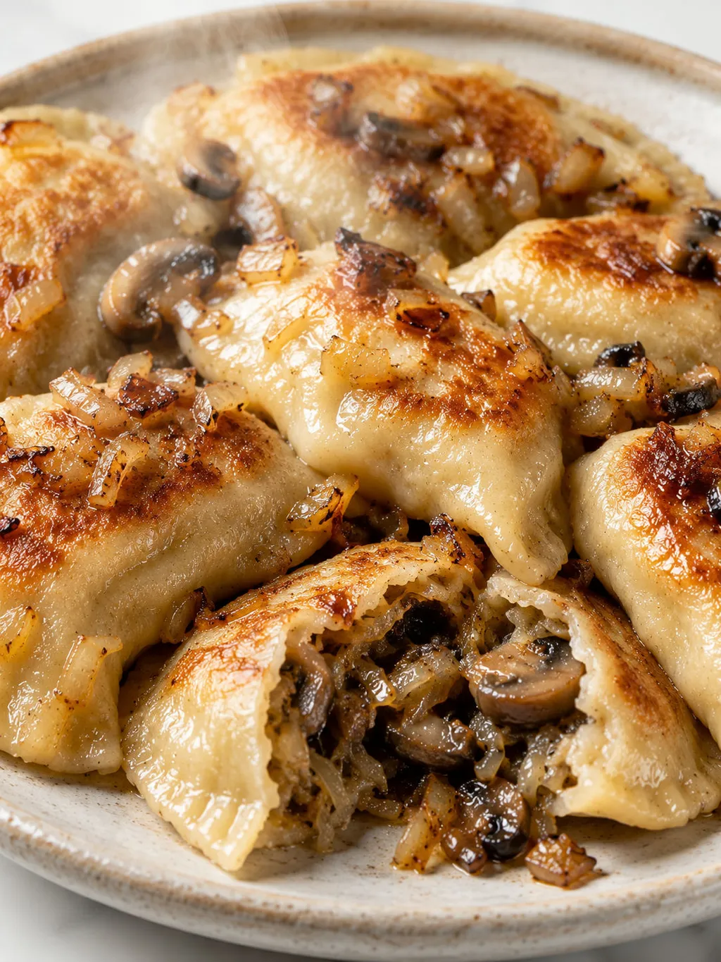 Pierogi torn in half showing sauerkraut and mushroom filling with fried onion
