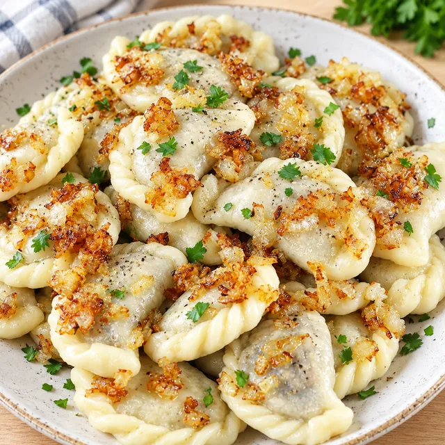Pierogi z kaszą gryczaną i grzybami z cebulką na jasnym talerzu