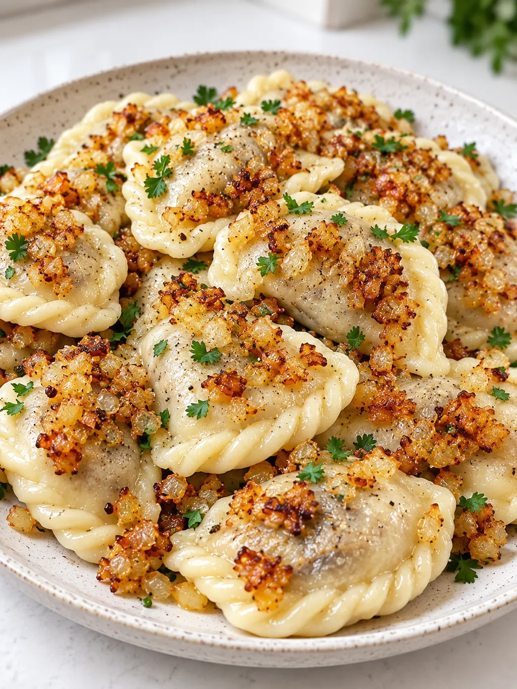 Pierogi z kaszą gryczaną i grzybami podane z rumianą cebulką