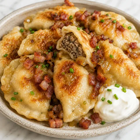 Pan-fried Polish meat pierogi topped with bacon, onion and sour cream