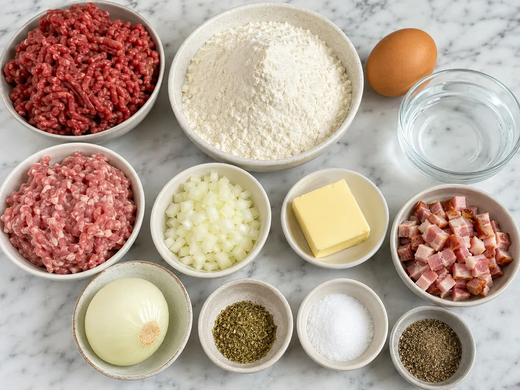 Raw ingredients for Polish meat pierogi including flour, ground meat and onion