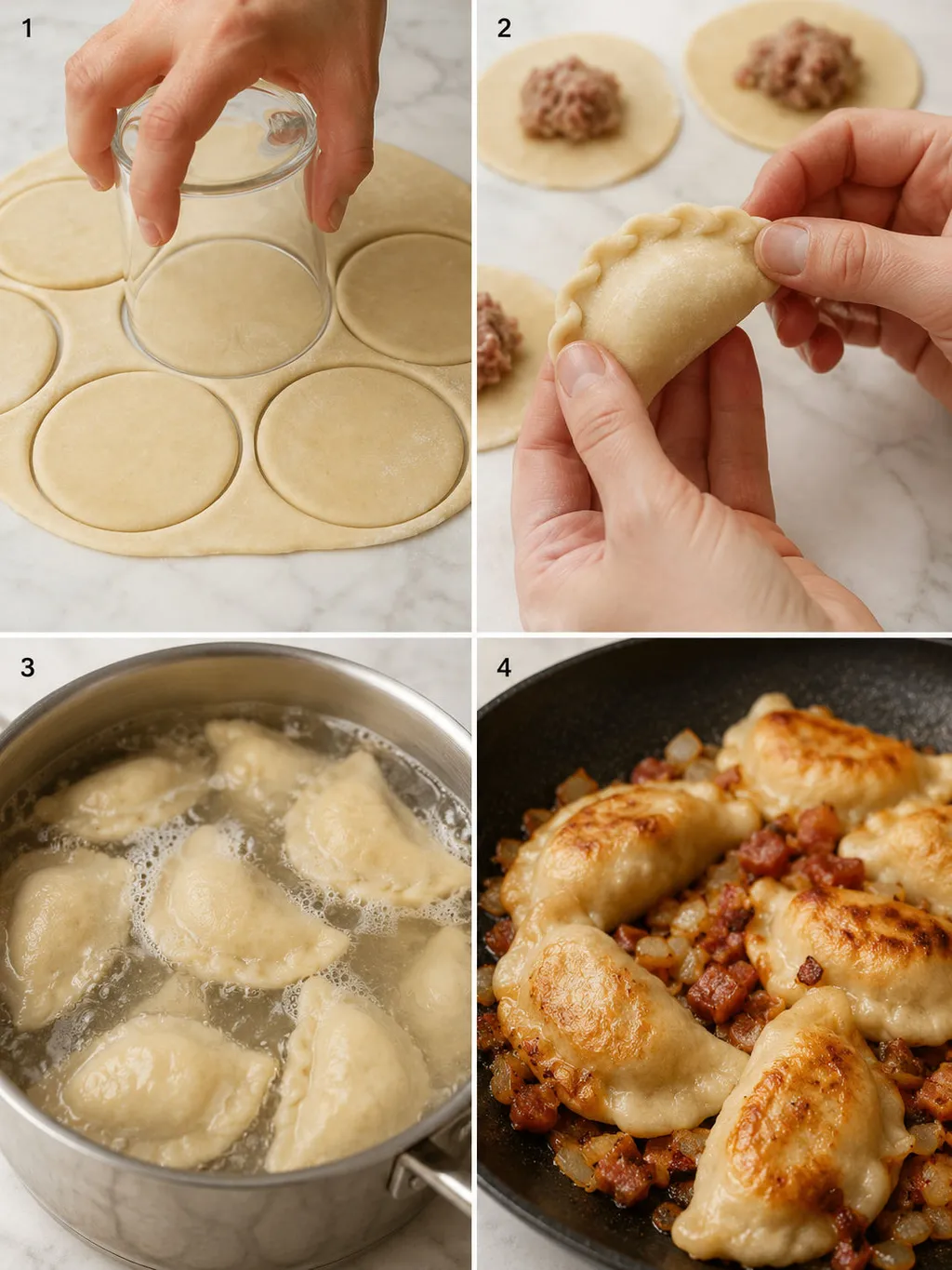 Four steps of making Polish meat pierogi from cutting dough to pan-frying