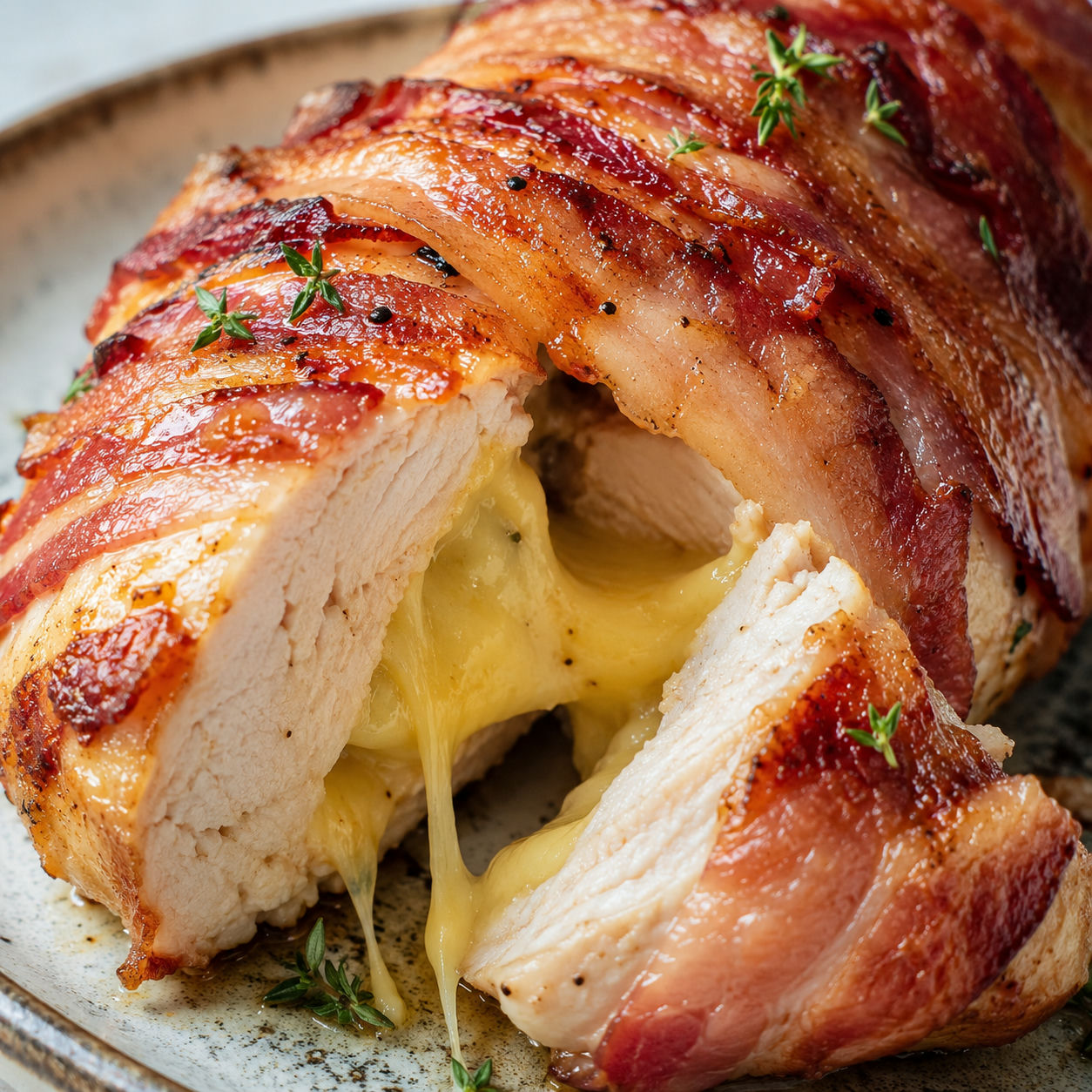 Bacon-wrapped chicken breast sliced open to show melted cheese inside