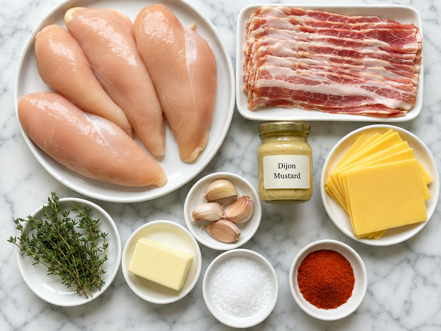 Raw chicken breasts, bacon strips, cheese, garlic and thyme on a wooden board