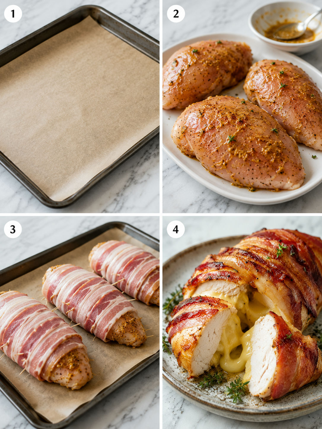 Four steps of preparing and baking bacon-wrapped chicken breast stuffed with cheese