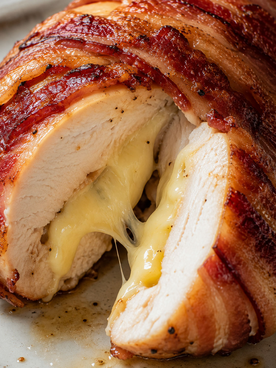 Sliced bacon-wrapped chicken breast with melted cheese pulling apart