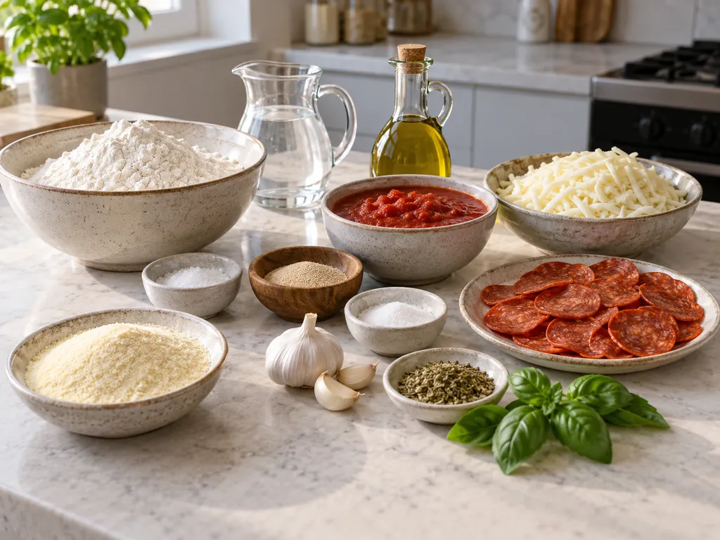 Składniki na pizzę pepperoni z mozzarellą, pomidorami i salami
