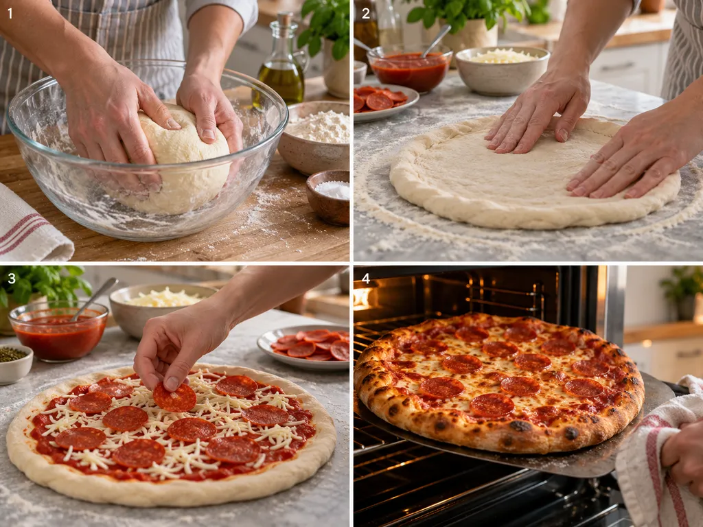 Cztery etapy przygotowania pizzy pepperoni od ciasta do pieczenia