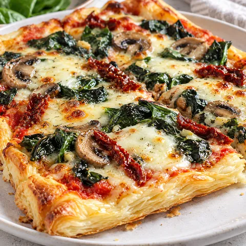 Pizza szpinakowa na cieście francuskim z mozzarellą i pieczarkami