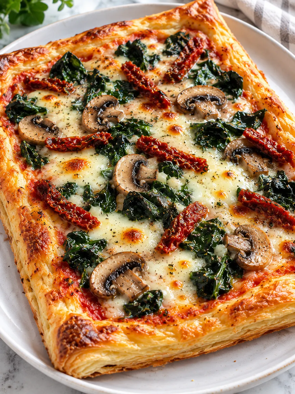 Pizza szpinakowa na cieście francuskim z chrupiącymi brzegami