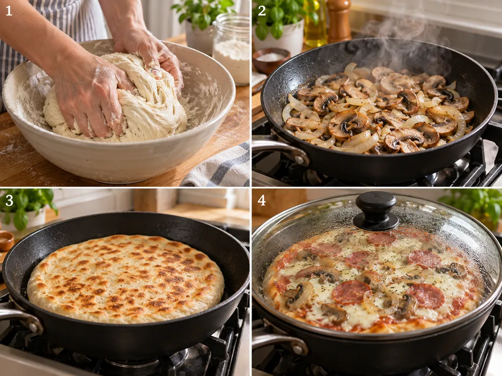 Cztery etapy przygotowania pizzy z patelni od ciasta do topienia sera