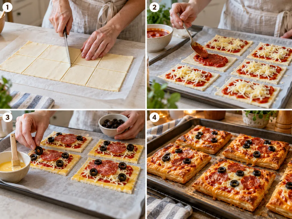Cztery etapy przygotowania pizzerinek z ciasta francuskiego