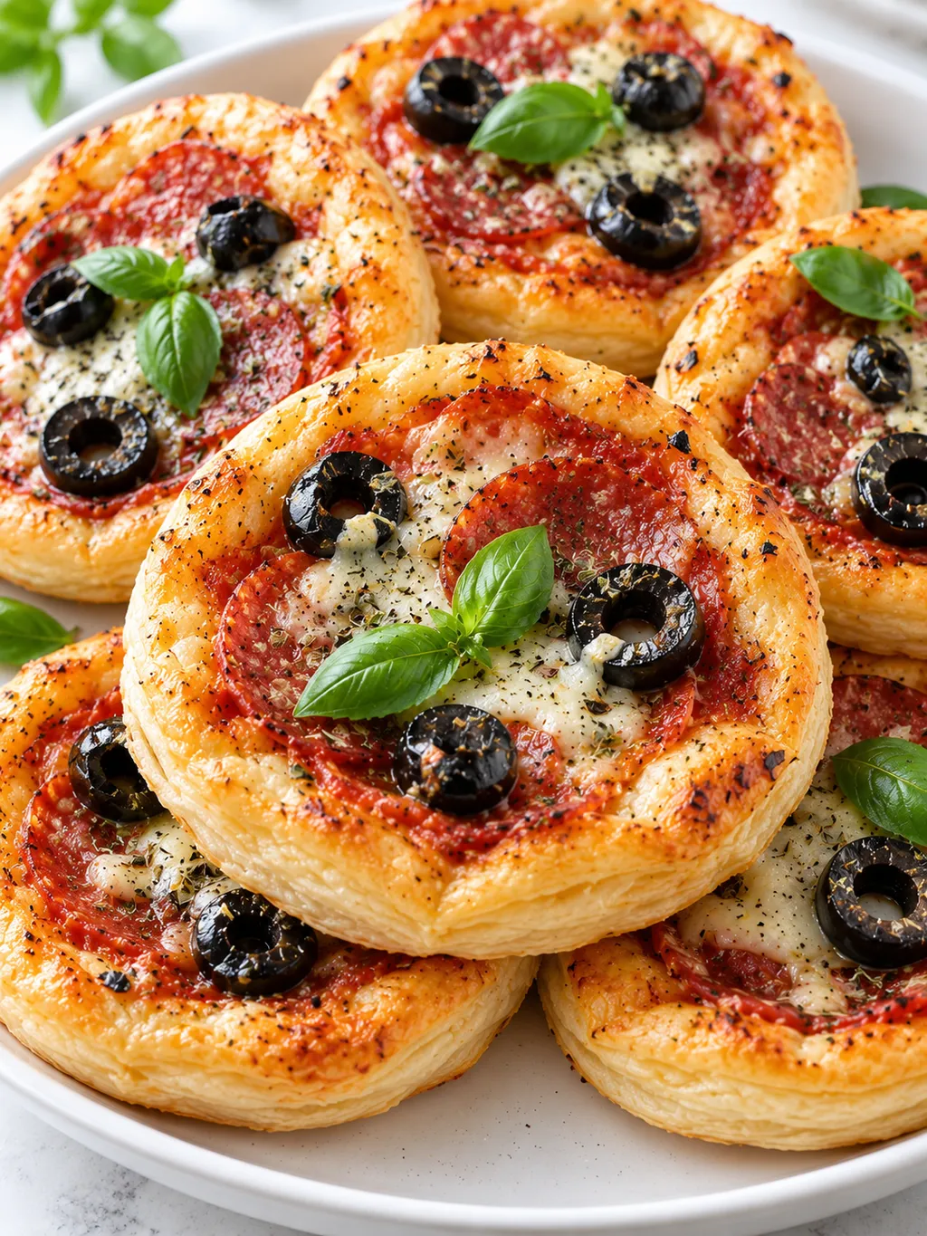 Złociste pizzerinki z ciasta francuskiego z salami i oliwkami