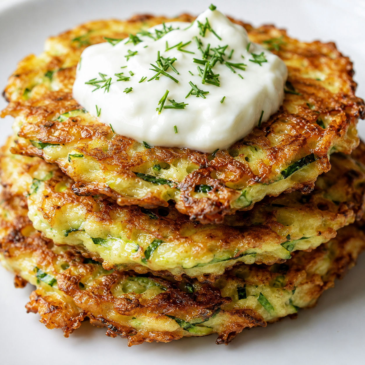 Golden zucchini pancakes topped with creamy garlic sauce and fresh dill
