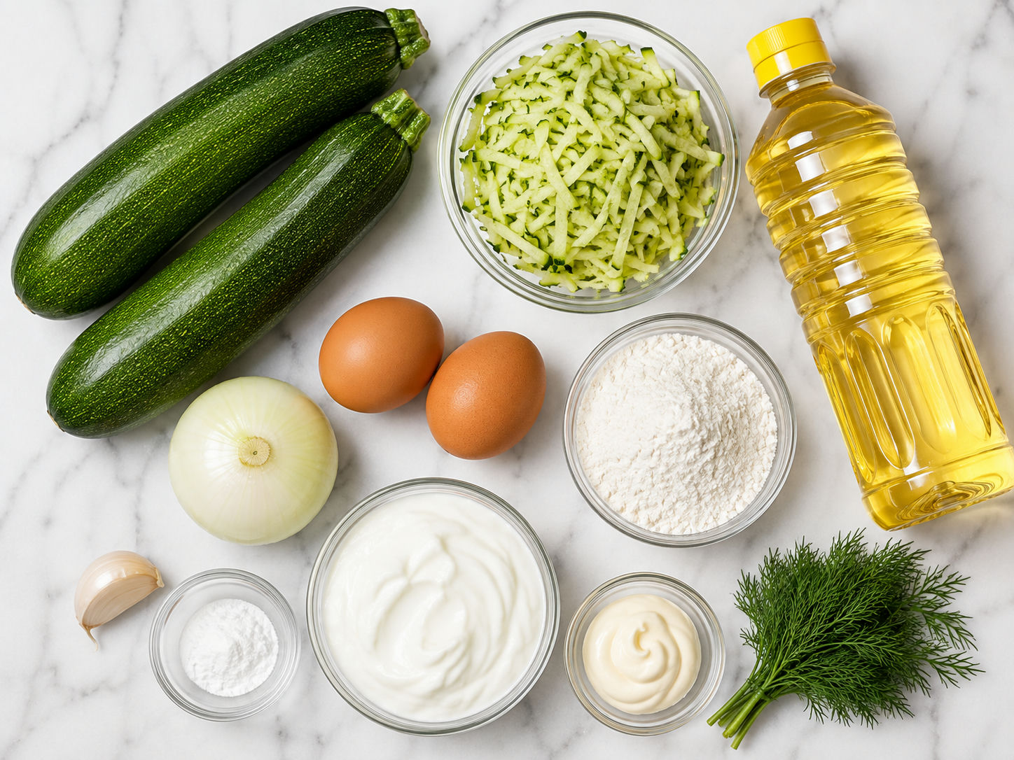 Raw zucchini, eggs, flour, garlic, yogurt and dill on a wooden table