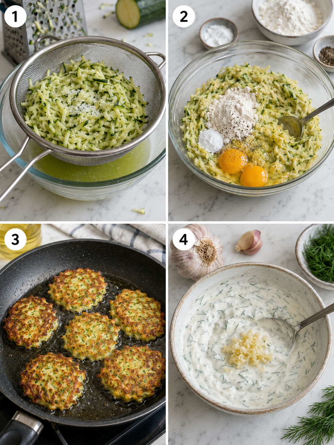 Four steps of making zucchini pancakes from draining to garlic sauce drizzle