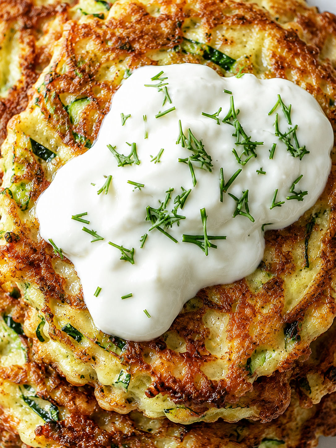 Top-down stack of golden zucchini pancakes with garlic sauce and dill
