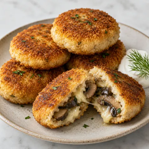 Golden fried mushroom and mozzarella fritters with melted cheese pulling apart, topped with parsley
