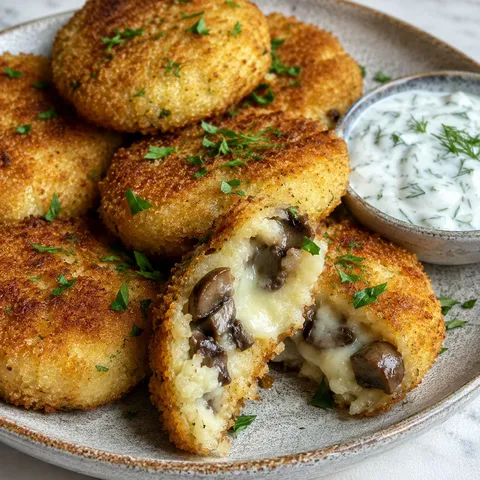 Golden crispy potato pancakes with mushrooms and melted mozzarella, one broken open showing cheese pull