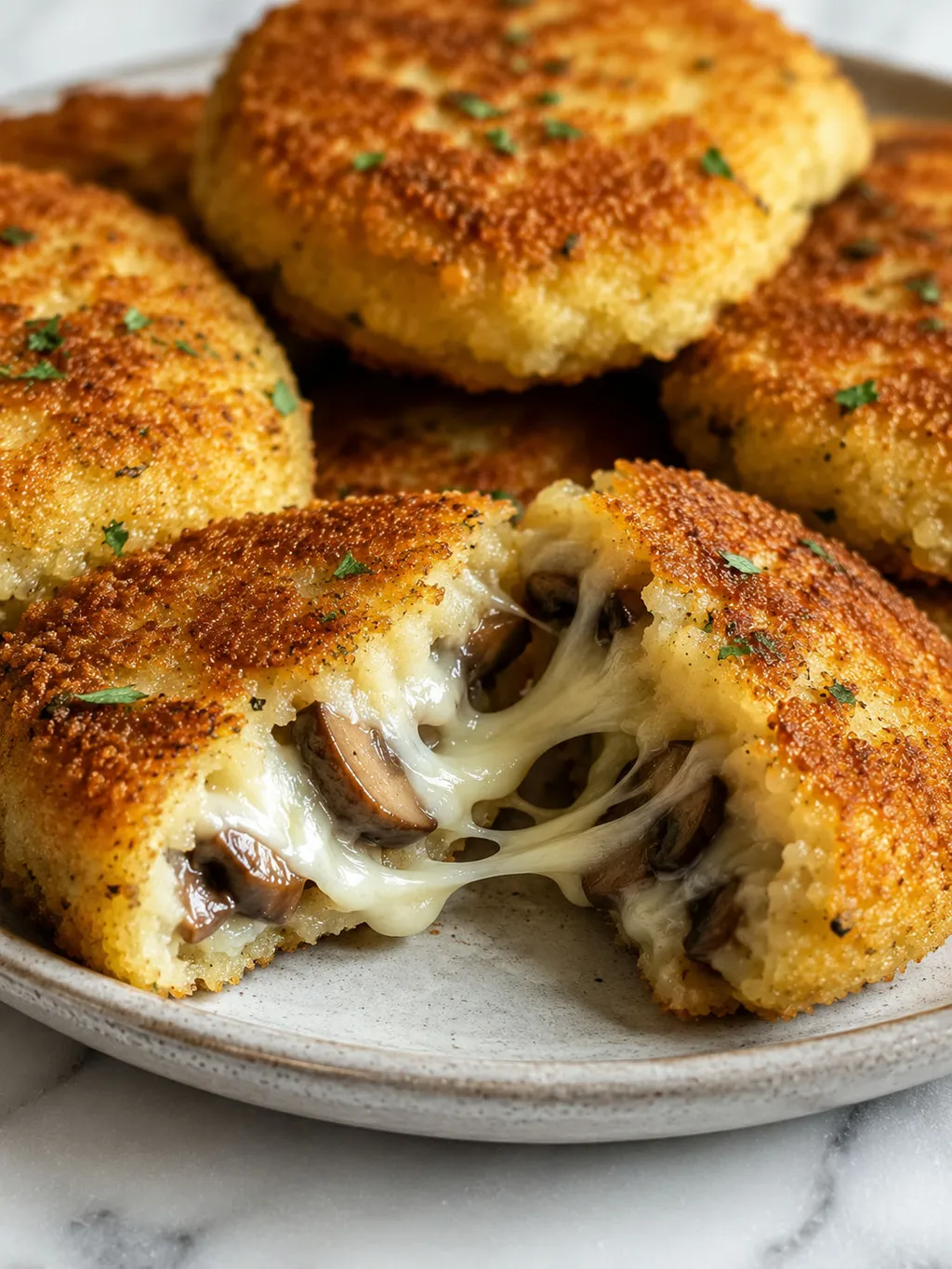 Crispy potato pancake with mushrooms broken open showing melted mozzarella cheese pull