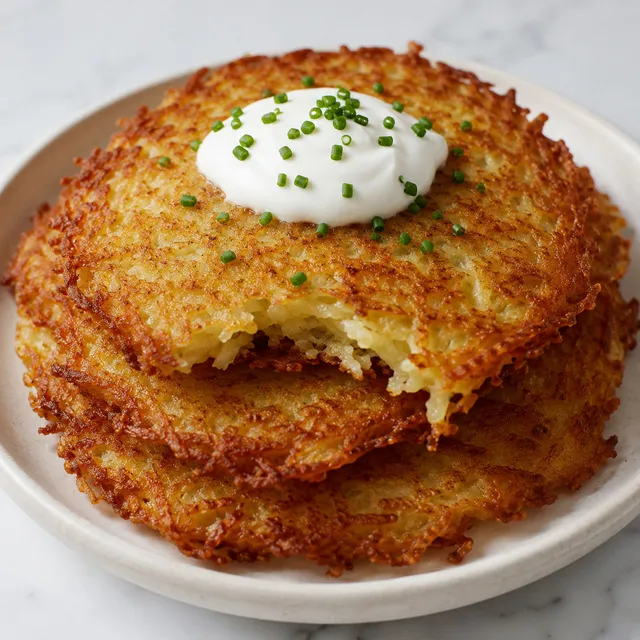 Stack of golden Polish potato pancakes with sour cream and chives