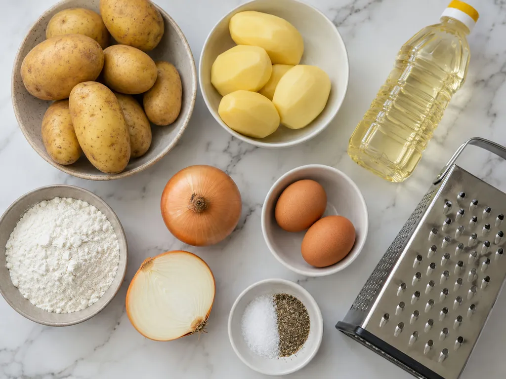Raw potatoes, onion, eggs, flour and oil for Polish potato pancakes