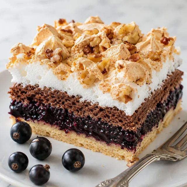 Slice of layered Polish pleśniak cake with jam, cocoa crumb and meringue top