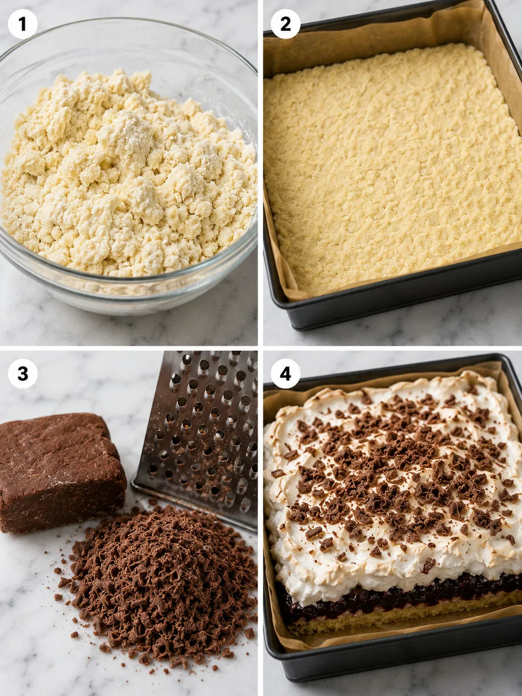 Four steps of building a layered pleśniak cake from dough to meringue topping