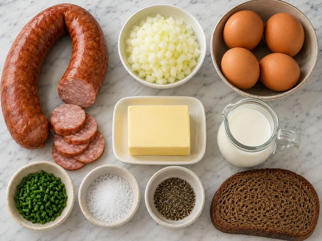 Raw kielbasa, onion, eggs, and butter for making Polish jajecznica