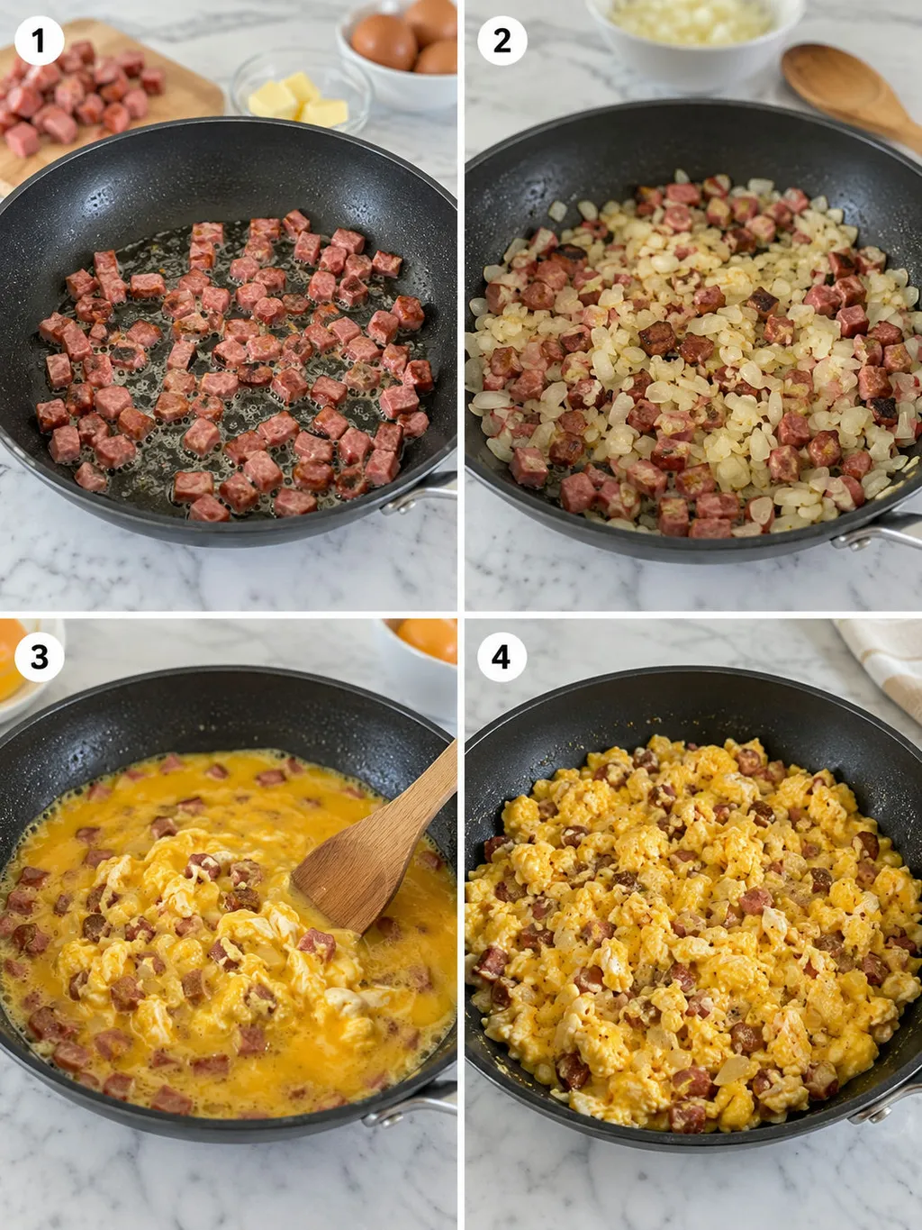 Four steps of cooking Polish jajecznica from kielbasa to soft scrambled eggs