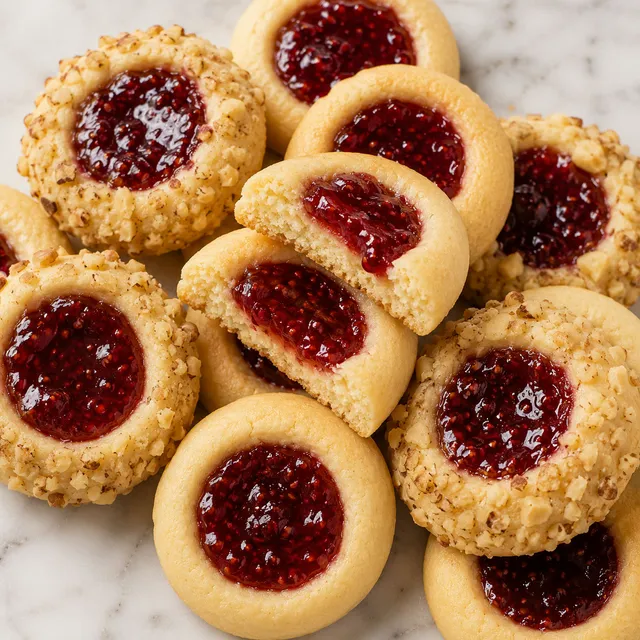 Golden Polish thumbprint cookies filled with glossy raspberry jam on a wooden board