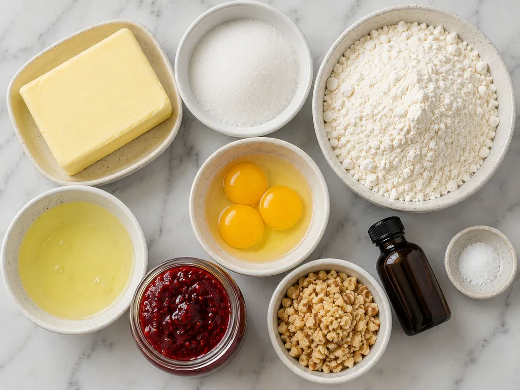 Raw ingredients for Polish thumbprint cookies including butter, egg yolks, jam, and walnuts