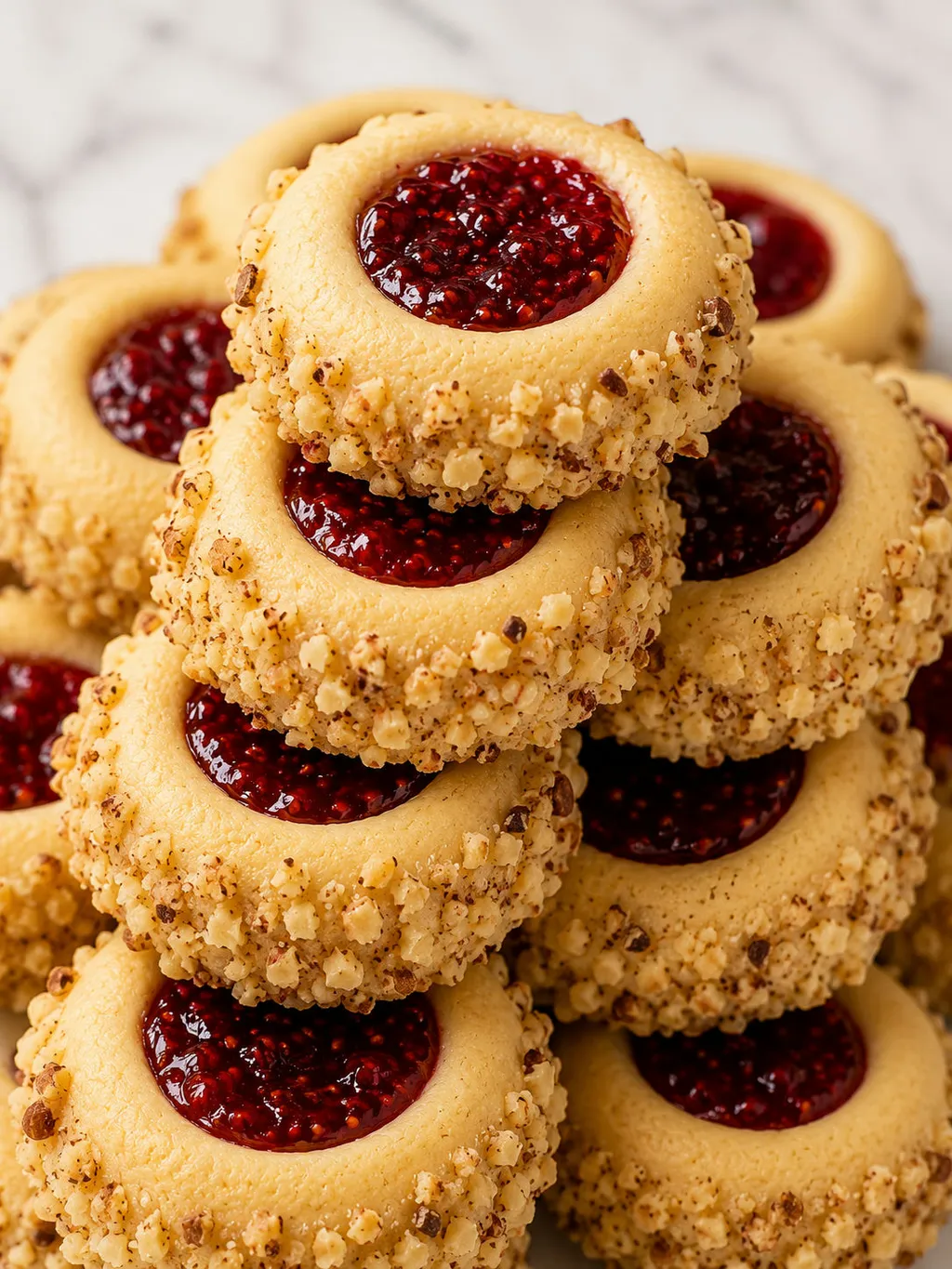 Stacked Polish thumbprint cookies with glossy jam centers and chopped walnut edges