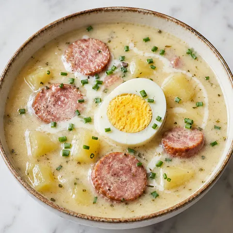 Creamy Polish white borscht with sausage, potatoes, and a halved hard-boiled egg