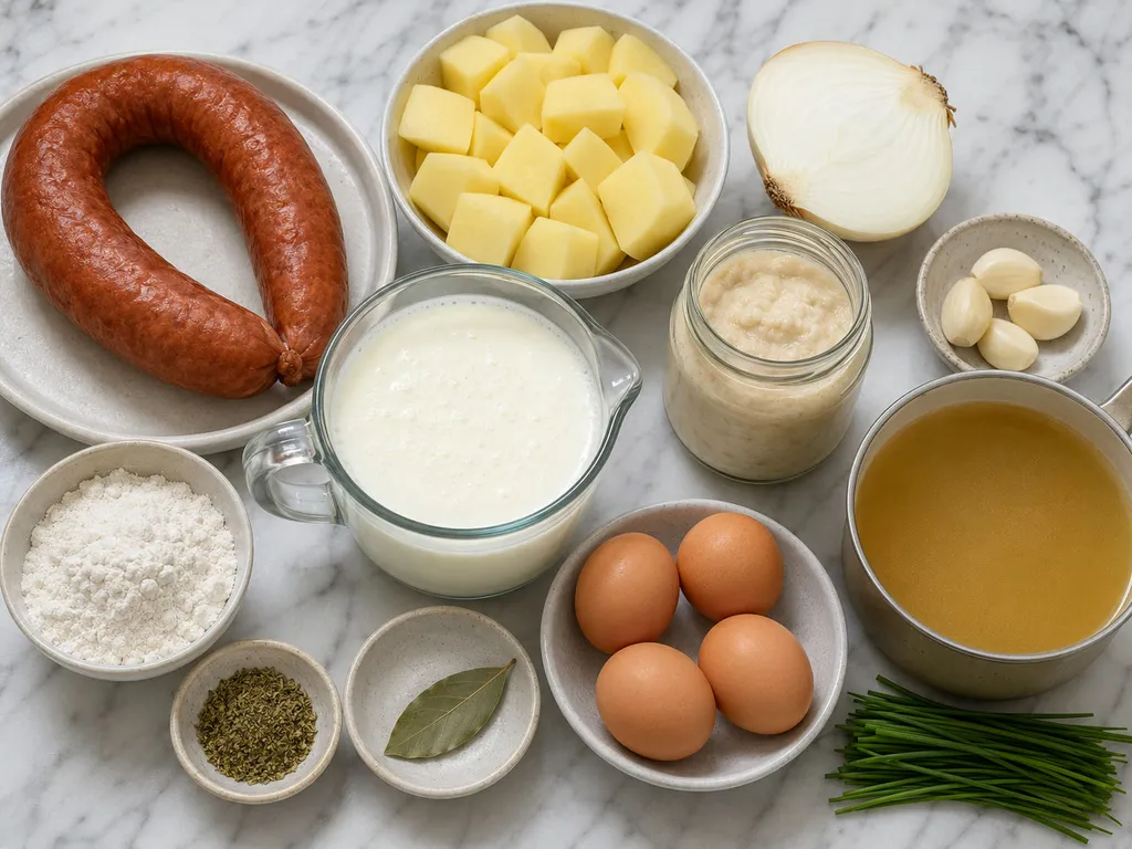 Raw ingredients for Polish white borscht including kielbasa, potatoes, buttermilk, and eggs