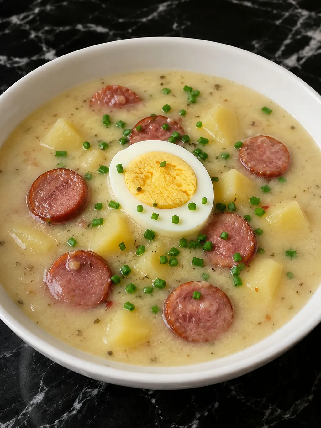 Four steps of making Polish white borscht from simmering sausage to ladling the finished soup