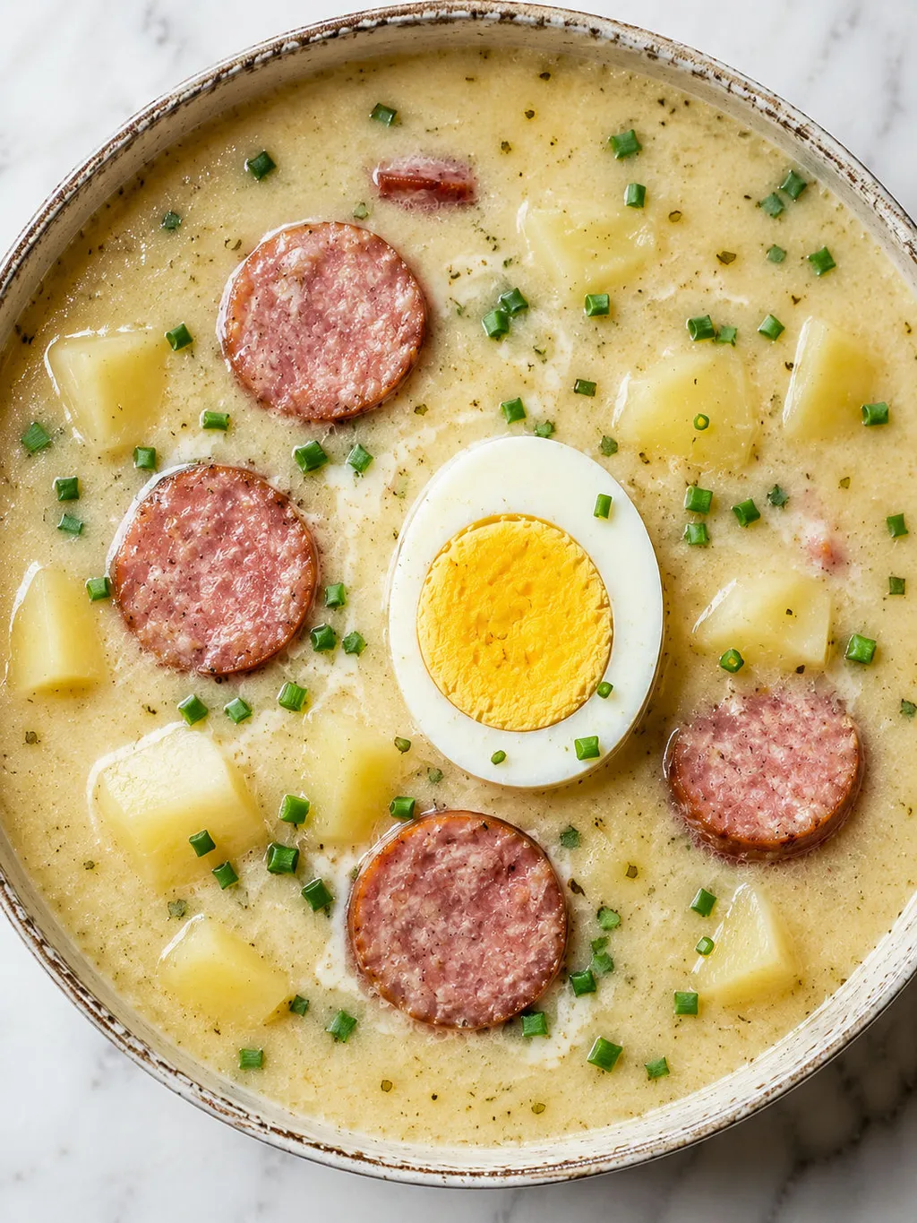 Top-down bowl of Polish white borscht with sausage, potatoes, and a hard-boiled egg