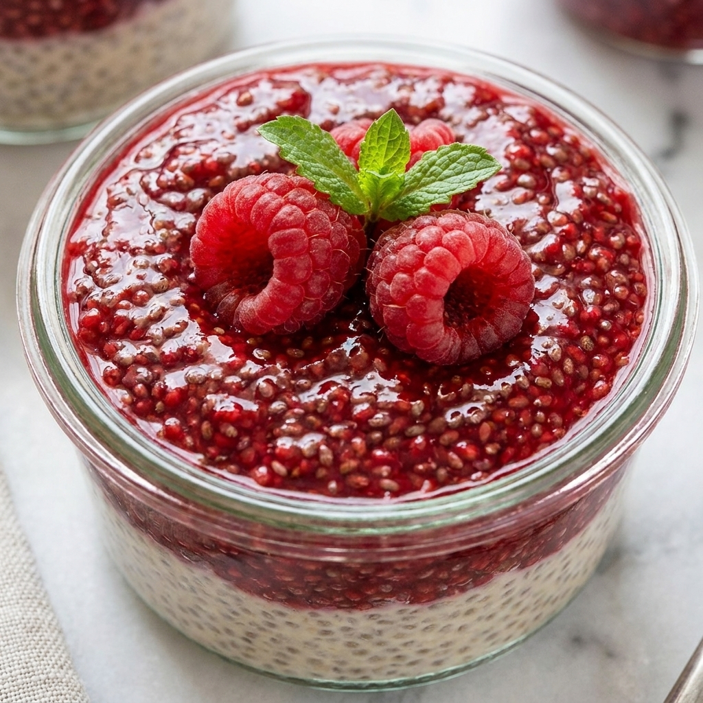 Layered chia pudding with coconut cream and raspberry puree in a small glass jar