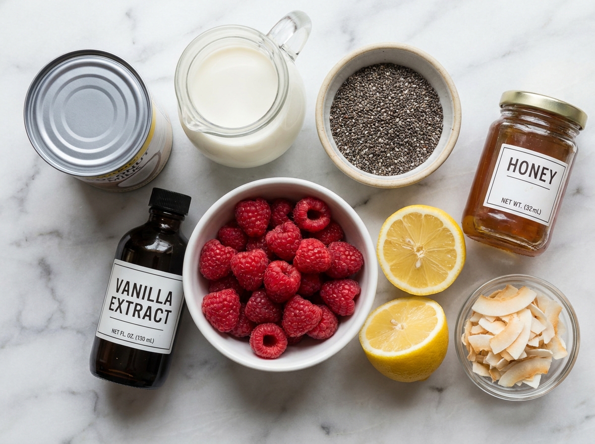 Coconut milk, chia seeds, raspberries, honey and vanilla for a layered chia pudding