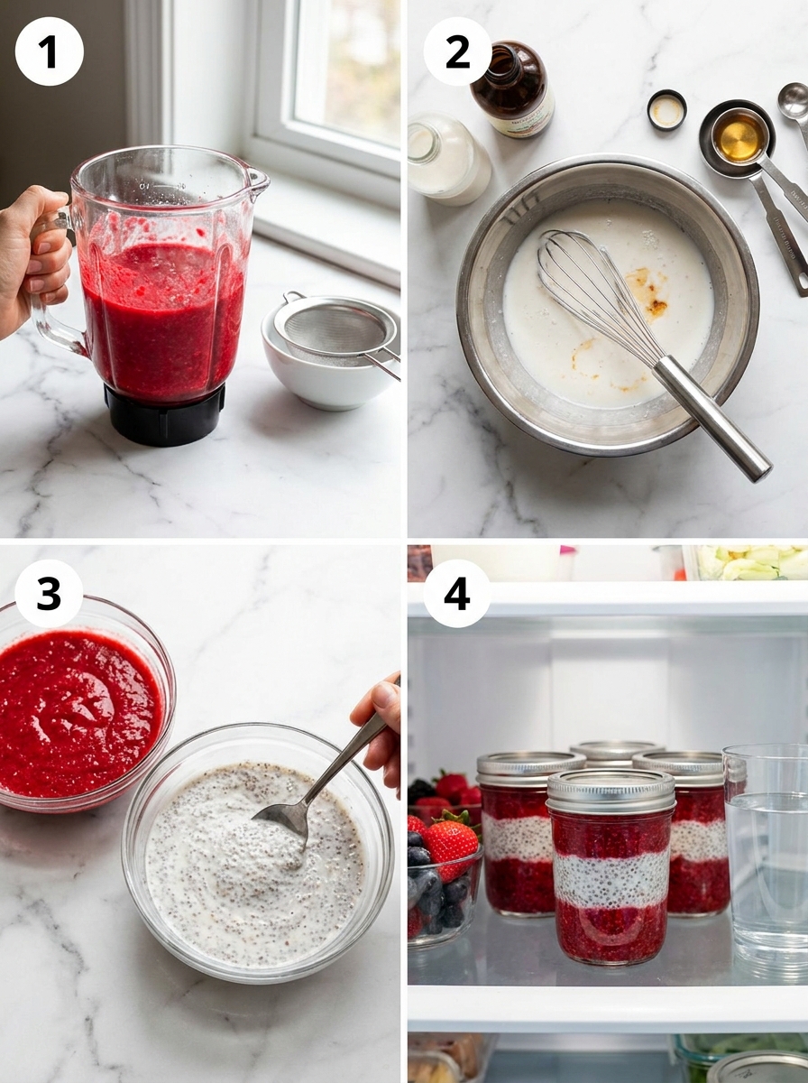 Four steps of making layered raspberry coconut chia pudding from puree to chilled jars